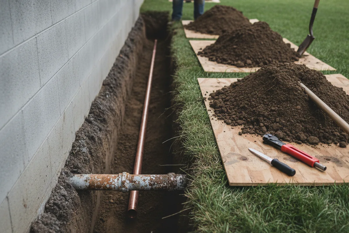 Excavated water line trench during Water Heater Repair in Delano